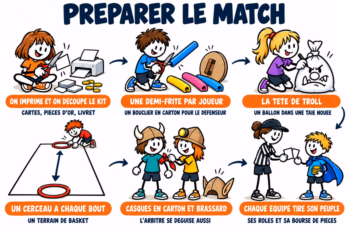 Le trollball, préparer le match en six temps : imprimer et découper le kit, couper les frites en deux, fabriquer la tête de troll, poser un cerceau à chaque bout du terrain, les casques en carton et le brassard, chaque équipe tire son peuple