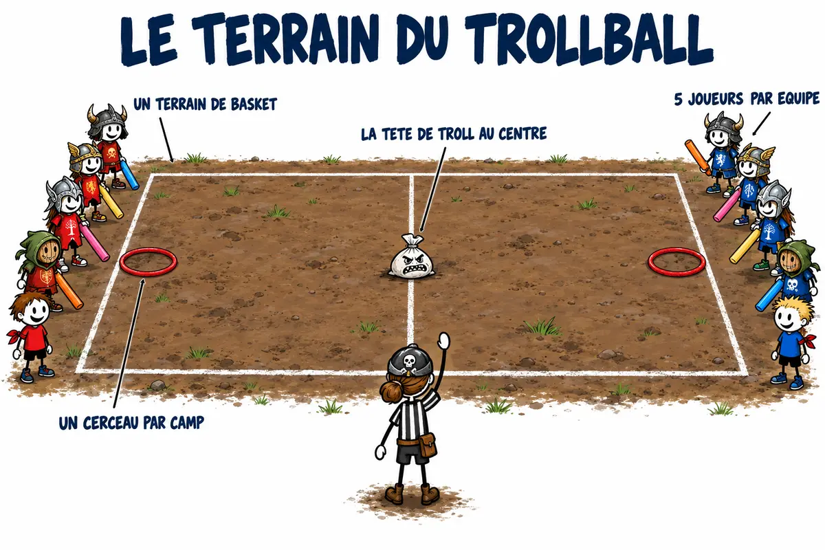 Le trollball, le plan du terrain : un terrain de basket, un cerceau posé au sol à chaque bout, la tête de troll au centre, cinq joueurs par équipe alignés derrière leur ligne dont le soigneur au brassard, l'arbitre sur le côté