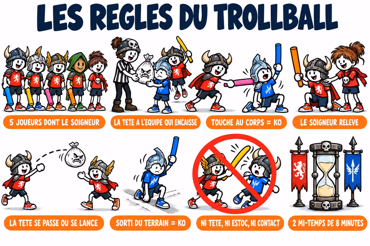 Les règles du trollball en huit temps : cinq joueurs dont le soigneur, la tête à l'équipe qui encaisse, touche au corps = KO, le soigneur relève, la tête se passe ou se lance, sorti du terrain = KO, ni tête ni estoc ni contact, deux mi-temps de huit minutes