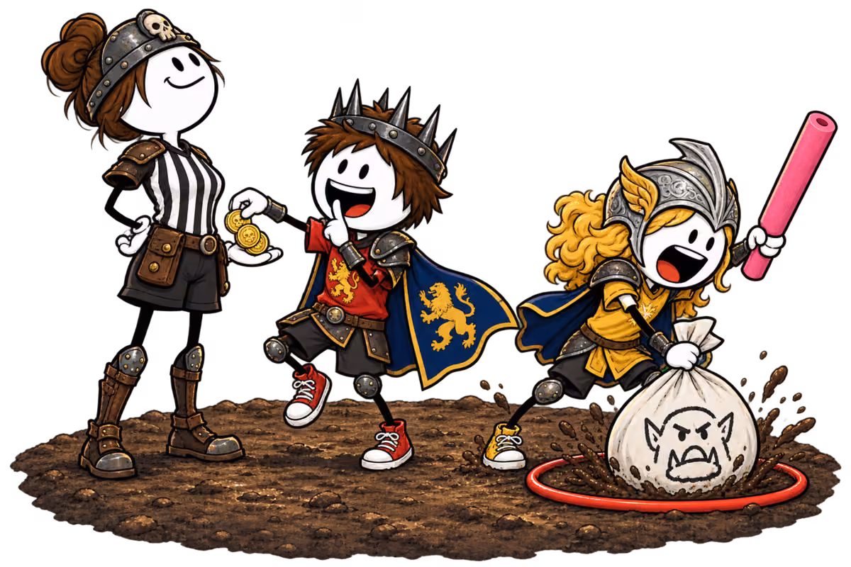 Le trollball, le pot-de-vin à l'arbitre : le capitaine à la couronne de fer glisse des pièces d'or à crâne dans la main de l'animatrice arbitre qui regarde le ciel en sifflotant, pendant qu'une coéquipière écrase la tête de troll en taie d'oreiller dans le cerceau