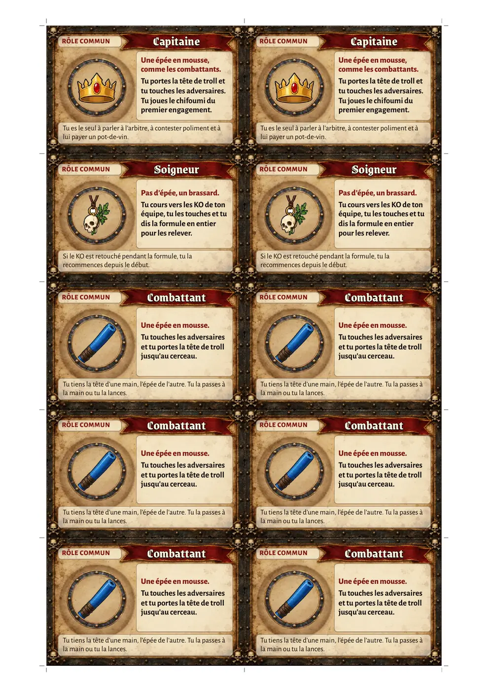 Le trollball : la planche des cartes de rôle à découper, capitaine, soigneur et combattants