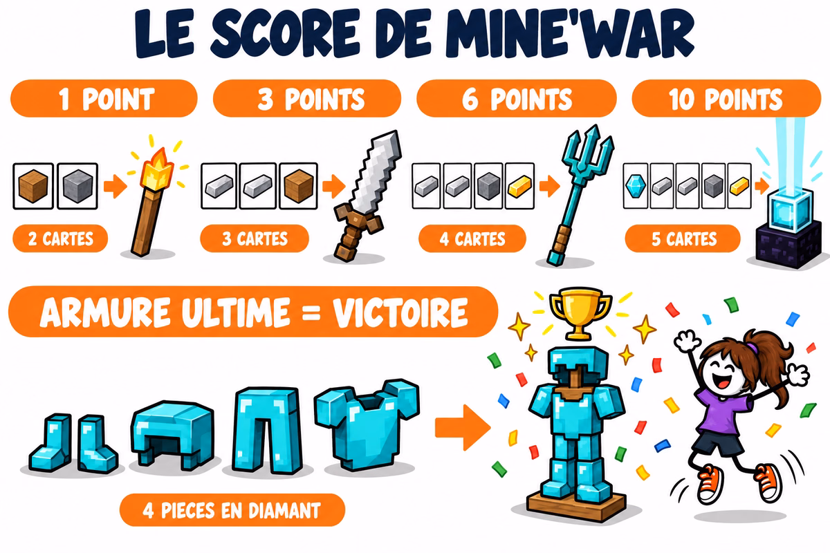 Le score de Mine’war : deux cartes font une torche pour un point, trois cartes une épée en fer pour trois points, quatre cartes un trident pour six points, cinq cartes dont un diamant une balise pour dix points, et les quatre pièces d'armure en diamant assemblées sur leur support font gagner la partie