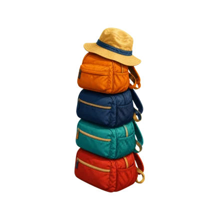 Pile de sacs à dos d'enfants surmontée d'un chapeau de soleil — diriger un centre de loisirs d'été avec un BAFD
