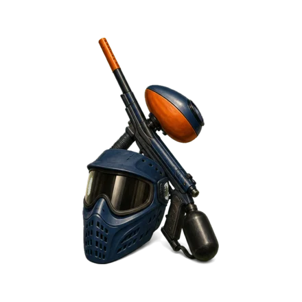 Masque et lanceur de paintball posés au sol — le paintball est autorisé au-dessus de douze ans sur un terrain déclaré