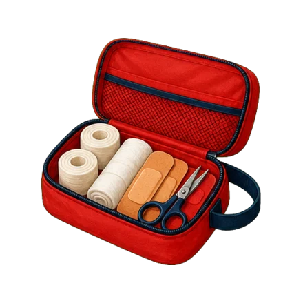 Trousse de premiers secours ouverte — aucun contenu réglementaire n'est imposé en ACM