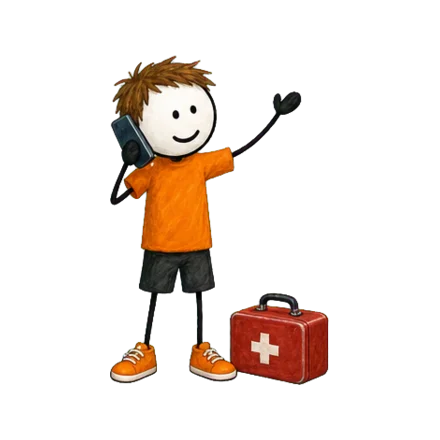 Animateur appelant les secours avec une trousse de premiers soins — les soins d'urgence n'attendent pas l'accord des parents