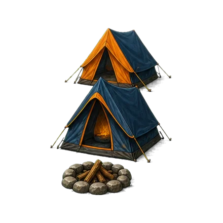 Deux tentes de camp dressées autour d'un foyer de pierres — la nuitée sur le terrain du centre de loisirs