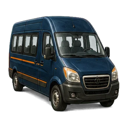 Minibus neuf places vu de trois quarts — un minibus n'est pas un véhicule de transport en commun