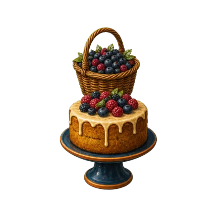 Gâteau fait maison sur un plat à pied et panier de fruits cueillis — la remise occasionnelle de denrées par des familles reste possible en ACM