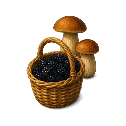 Panier de mûres et de champignons rapportés d'une cueillette — faire manger une cueillette aux enfants en ACM