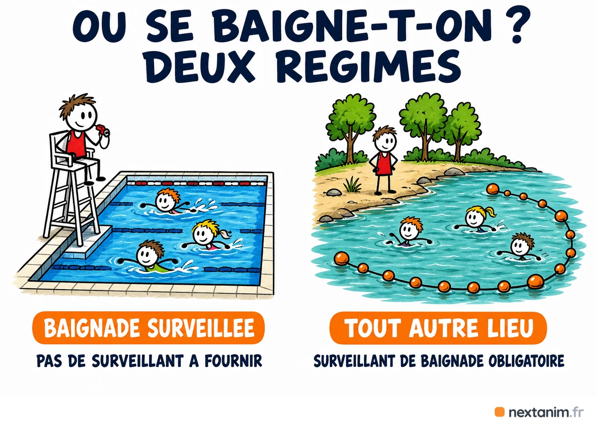 Les deux régimes de baignade en ACM : en baignade surveillée l'accueil n'a aucun surveillant de baignade à fournir, partout ailleurs un surveillant de baignade est obligatoire et la zone doit être balisée