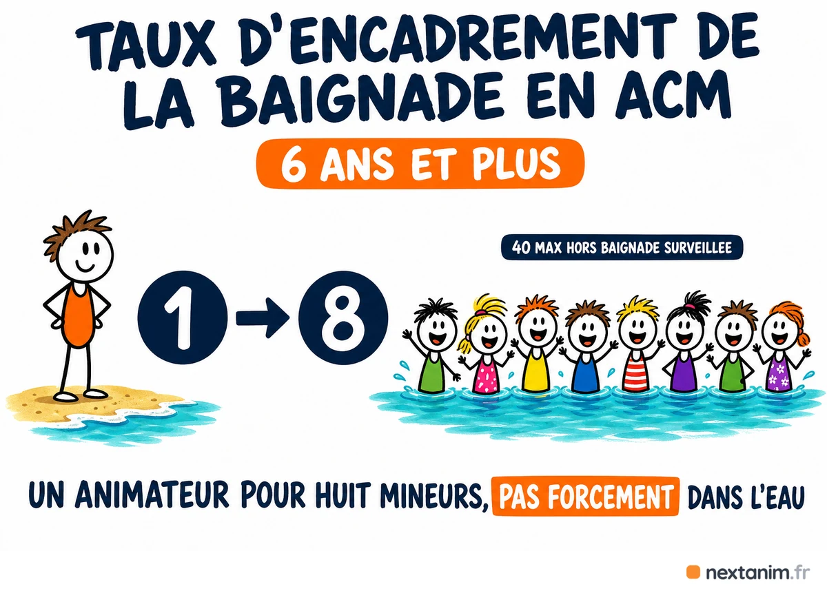 Taux d'encadrement de la baignade en ACM pour les 6 ans et plus : un animateur pour huit mineurs, sans obligation d'être dans l'eau, 40 baigneurs maximum hors baignade surveillée