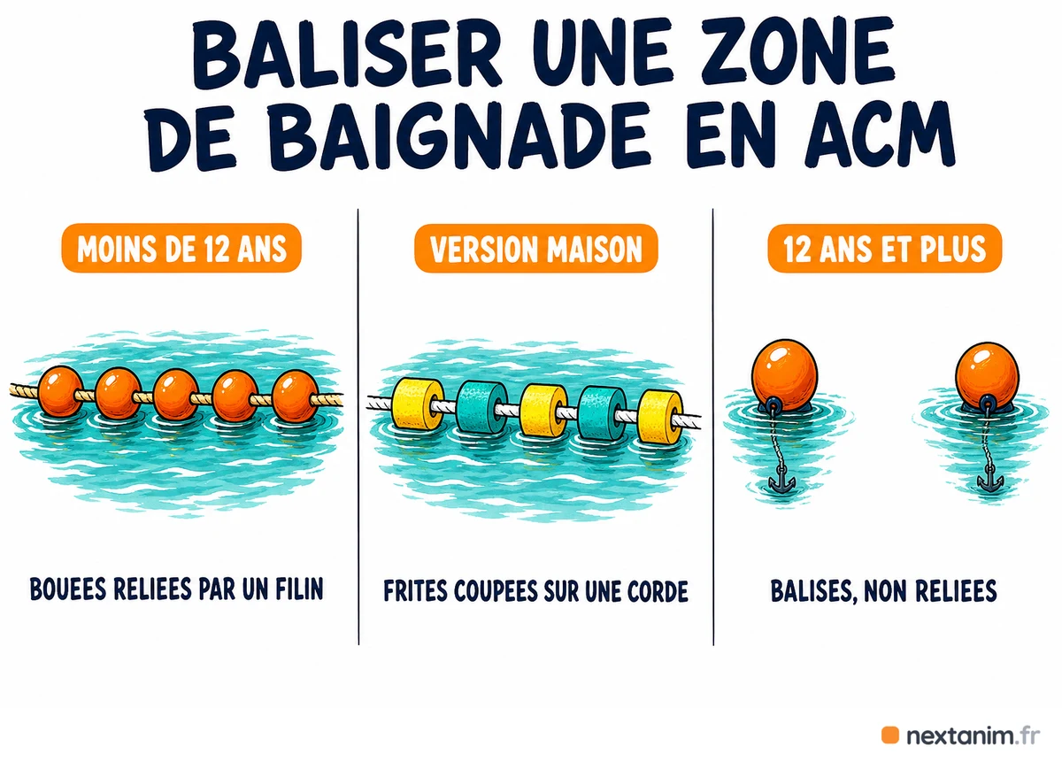 Baliser une zone de baignade en ACM : bouées reliées par un filin pour les moins de 12 ans, version maison en frites de piscine coupées enfilées sur une corde, balises non reliées pour les 12 ans et plus