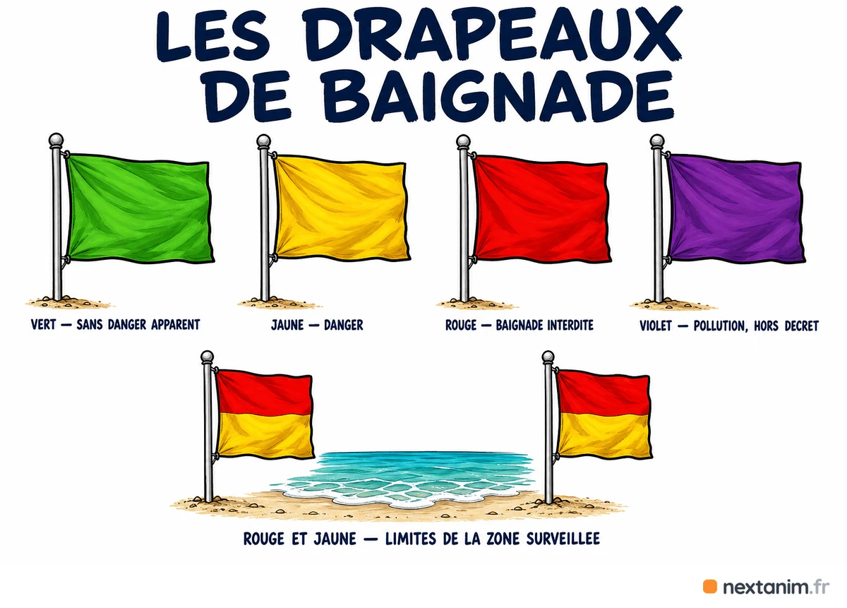 Drapeaux de baignade depuis le décret du 31 janvier 2022 : vert sans danger apparent, jaune danger, rouge baignade interdite, violet pollution hors décret, et les deux drapeaux bicolores rouge et jaune qui délimitent la zone surveillée