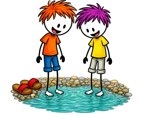 Deux enfants d'un accueil de loisirs les pieds dans l'eau au bord d'une rivière, sandales posées sur les galets