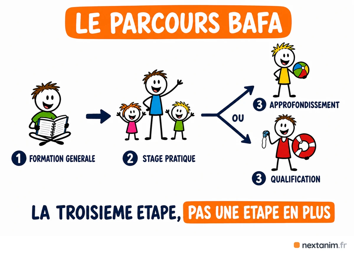 Le parcours du BAFA en trois étapes : la formation générale, le stage pratique, puis une troisième étape qui se divise en deux voies, l'approfondissement ou la qualification