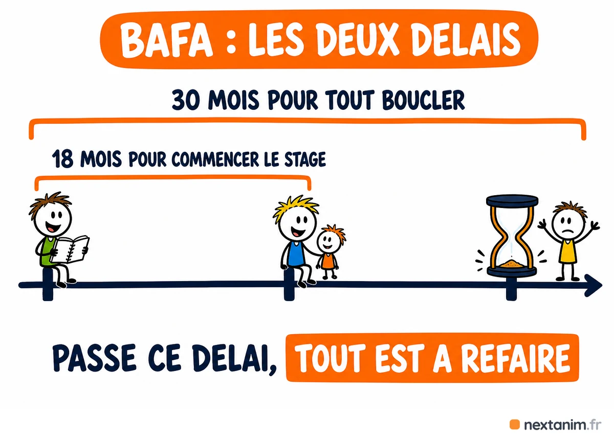 Les deux délais du BAFA : 18 mois au maximum entre la fin de la formation générale et le début du stage pratique, et 30 mois pour boucler tout le cursus — passé ce délai, les étapes déjà validées sont perdues