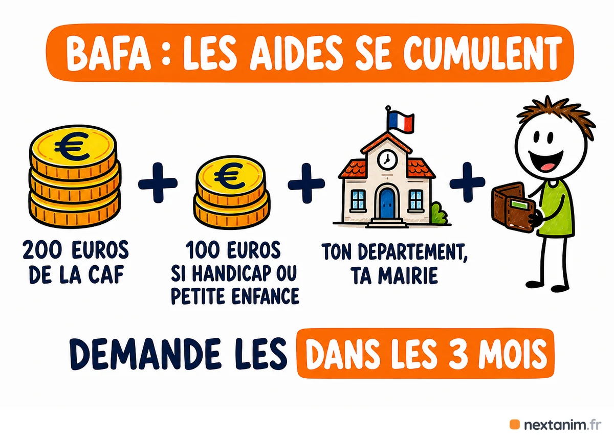 Les aides pour financer un approfondissement BAFA se cumulent : 200 € de la CAF sans condition de ressources, 100 € de plus pour un approfondissement handicap ou petite enfance, plus les aides du département et de la commune, à demander dans les trois mois