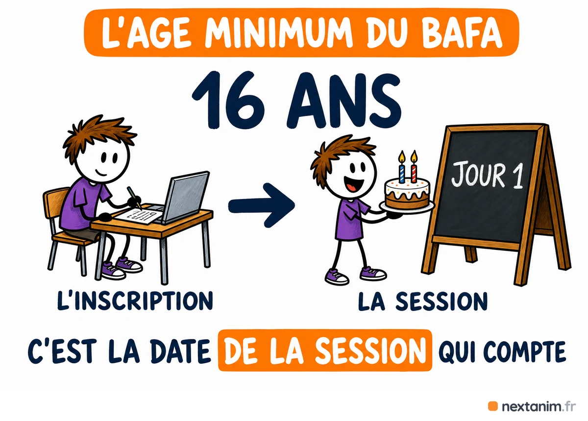 L'âge minimum du BAFA est de seize ans, appréciés au premier jour de la session de formation générale et non à la date de l'inscription