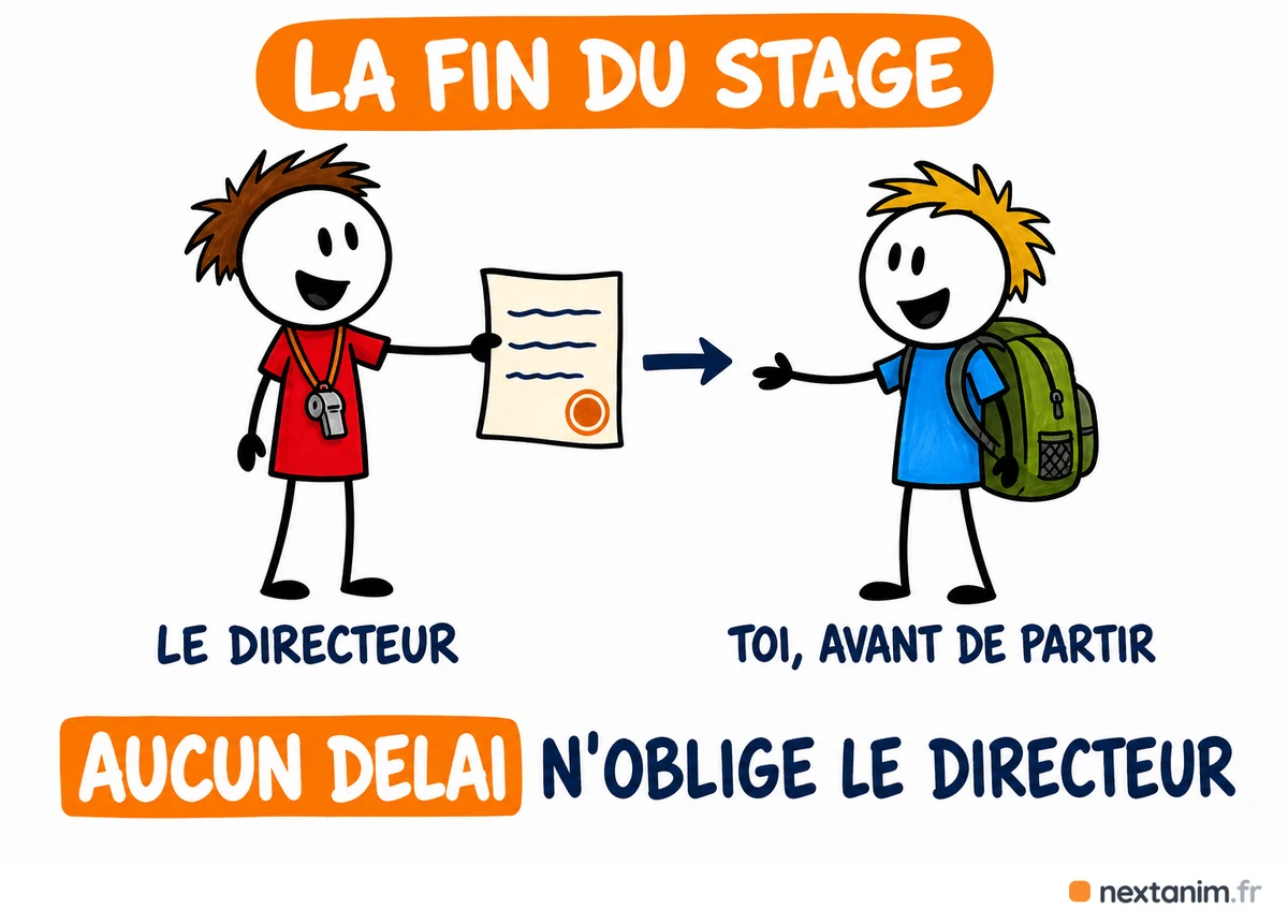 Le certificat de stage pratique BAFA est délivré par le directeur de l'accueil à la fin du stage, et aucun délai réglementaire ne l'oblige à le faire : il vaut mieux le réclamer avant de quitter le centre
