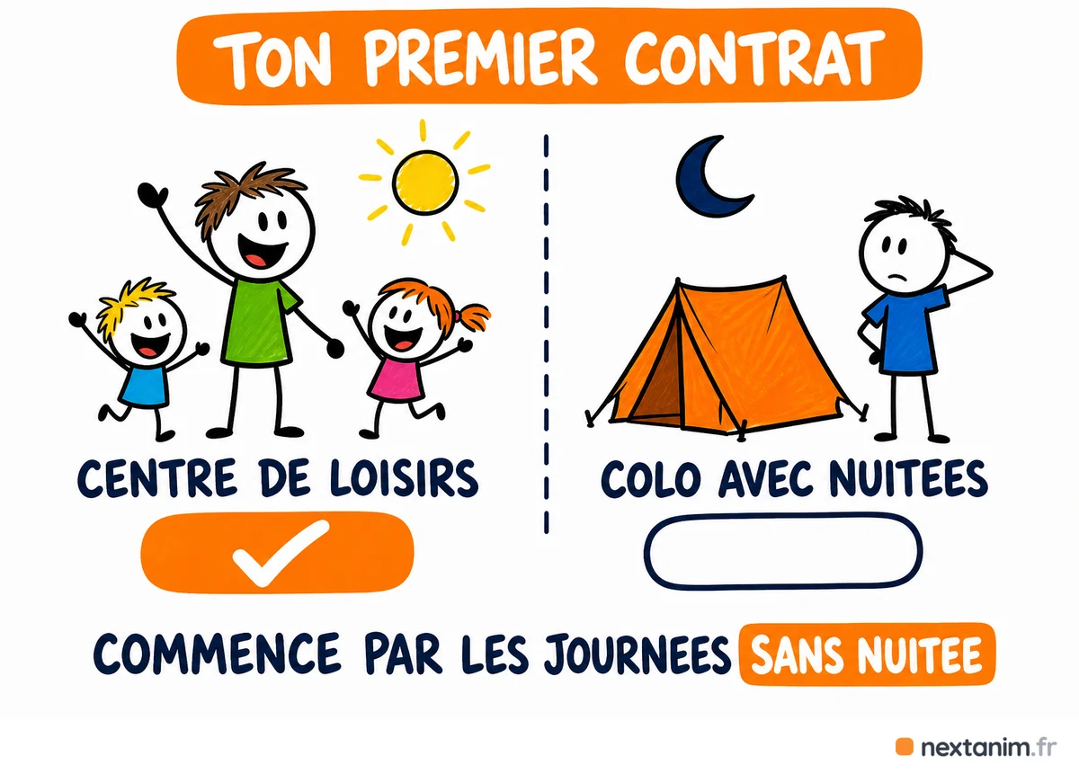 Pour un premier contrat d'animation à seize ou dix-sept ans, le centre de loisirs pendant les vacances est le poste le plus accessible : sans nuitée, les protections du jeune travailleur n'y coûtent rien au planning, contrairement à une colonie de vacances avec hébergement