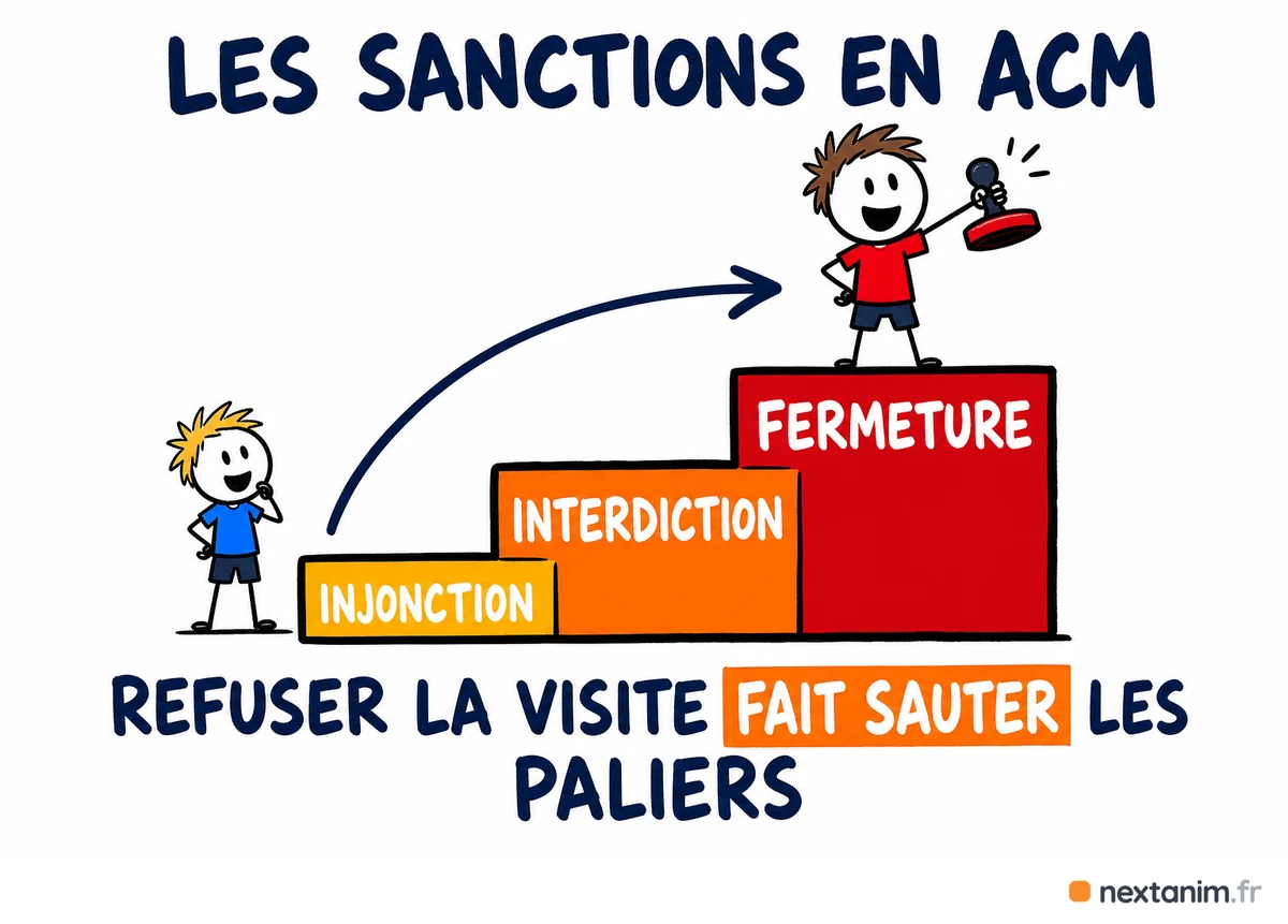 Les sanctions en ACM montent par paliers : injonction, puis interdiction d'accueil, puis fermeture des locaux — refuser la visite fait sauter l'étape de l'injonction