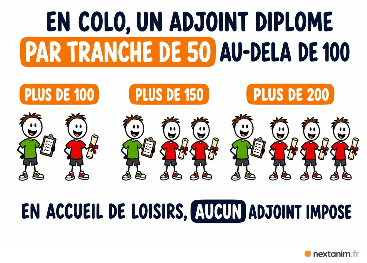 L'adjoint de direction en colonie de vacances : un adjoint est obligatoire au-delà de cent mineurs, puis un de plus par tranche de cinquante, alors qu'aucun article n'en impose en accueil de loisirs