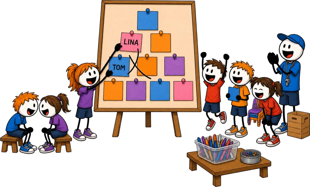 Pyramide des défis en colonie de vacances : dix étiquettes punaisées en pyramide sur un chevalet, et un joueur qui intervertit celle de Tom avec celle de Lina, placée à l'étage juste au-dessus, après leur duel