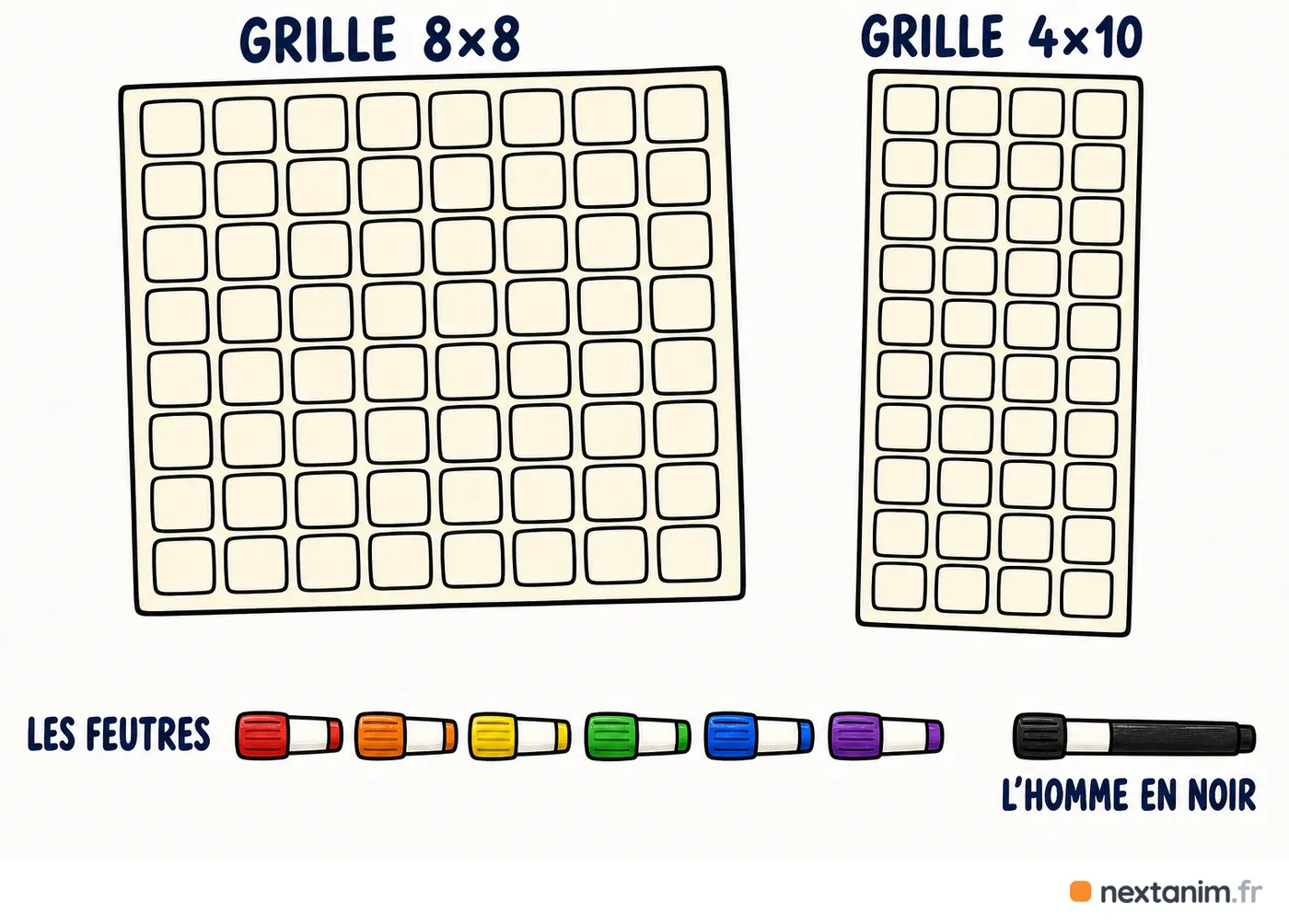 L'homme en noir, les deux grilles vierges 8x8 et 4x10 : une case par animateur attrapé, aligner quatre couleurs différentes marque un point