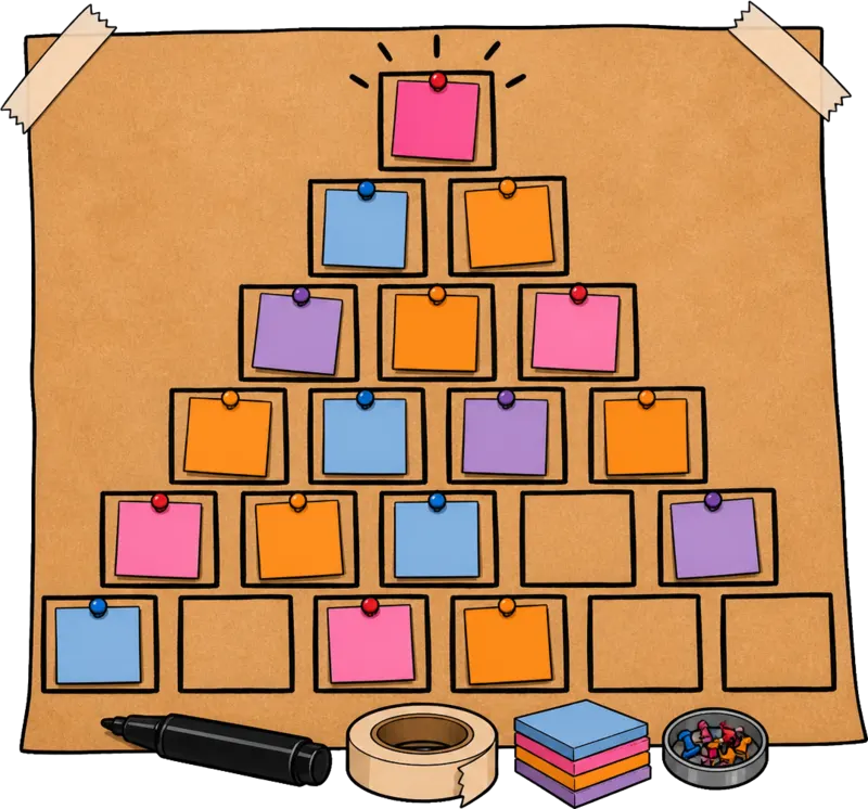 Pyramide des défis : le panneau de jeu tracé au marqueur sur du papier kraft, six étages de cases et un post-it punaisé par joueur, dont la case unique du sommet