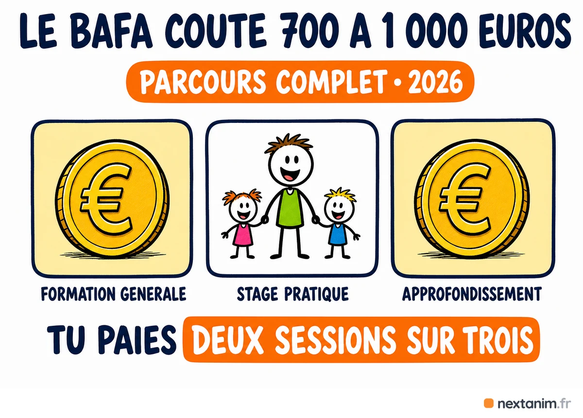 Combien coûte le BAFA : entre 700 et 1 000 euros pour le parcours complet en 2026, dont deux sessions payantes seulement — la formation générale et l'approfondissement — le stage pratique se déroulant dans un accueil de loisirs sans frais de formation