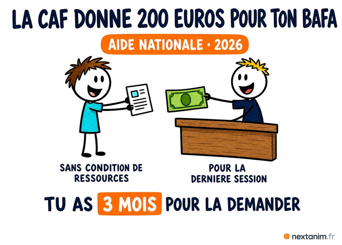 L'aide de la CAF pour le BAFA : 200 euros versés sans condition de ressources pour la dernière session, approfondissement ou qualification, à demander dans un délai de trois mois avec le formulaire cerfa