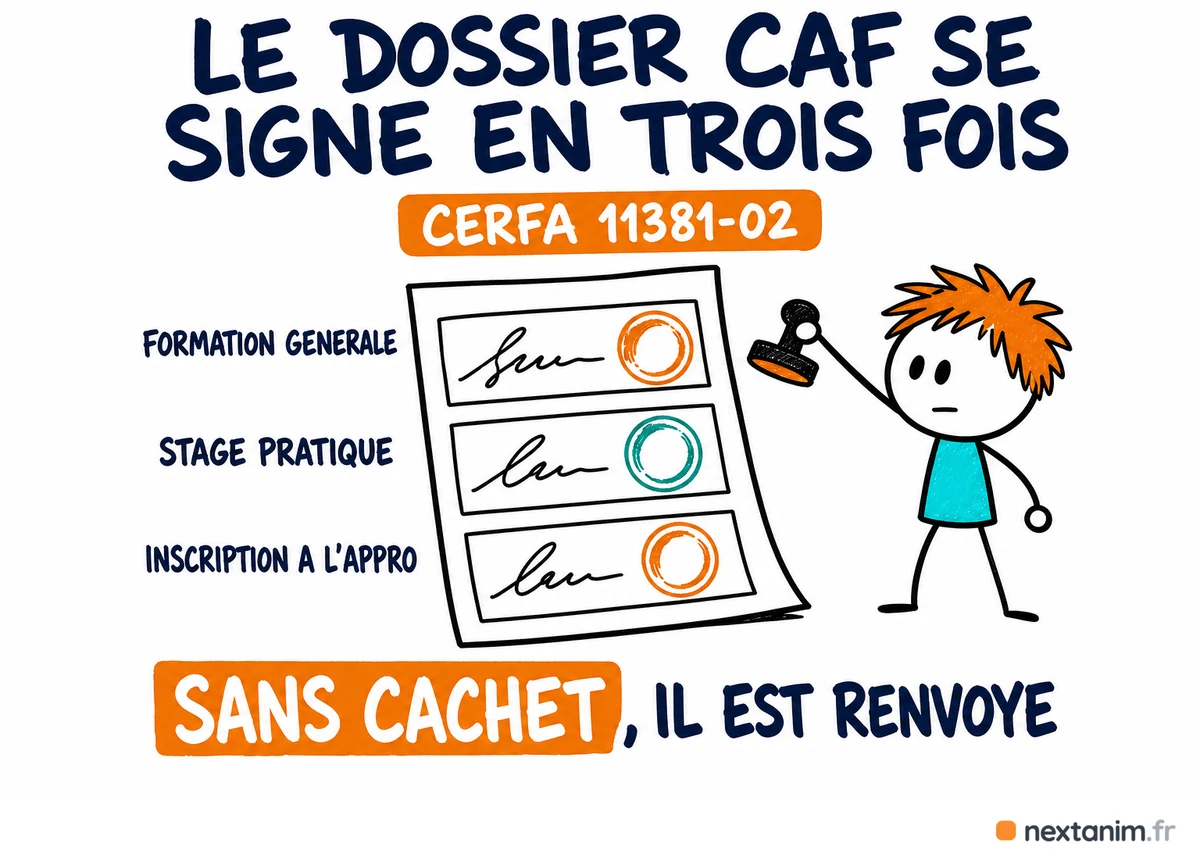 Le dossier d'aide au BAFA de la CAF se signe en trois fois : le cerfa 11381*02 porte une attestation par étape, formation générale, stage pratique et inscription à l'approfondissement, chacune signée et tamponnée par l'organisme