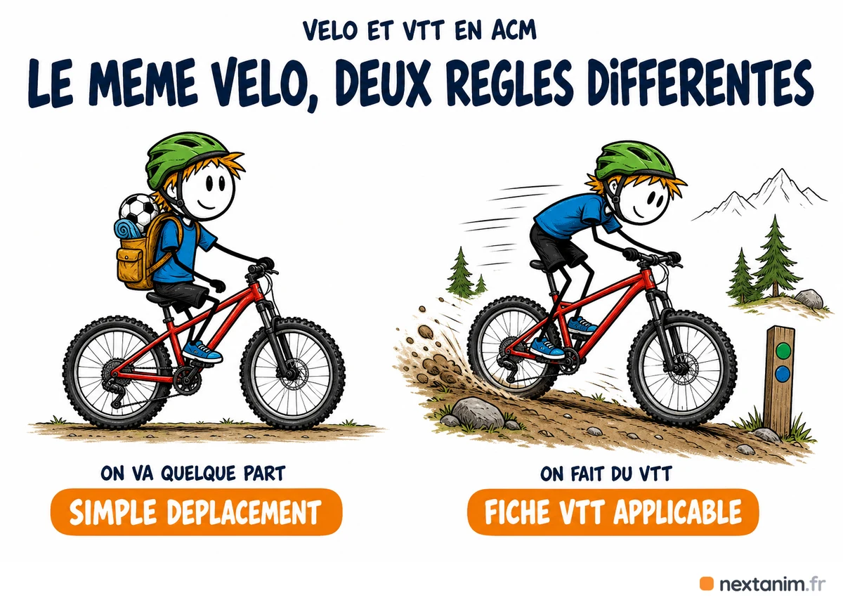 Le même vélo, deux règles différentes : rejoindre un lieu à VTT reste un simple déplacement sans qualification exigée, alors que rouler sur un itinéraire balisé fait entrer la sortie dans la fiche VTT de l'arrêté du 25 avril 2012
