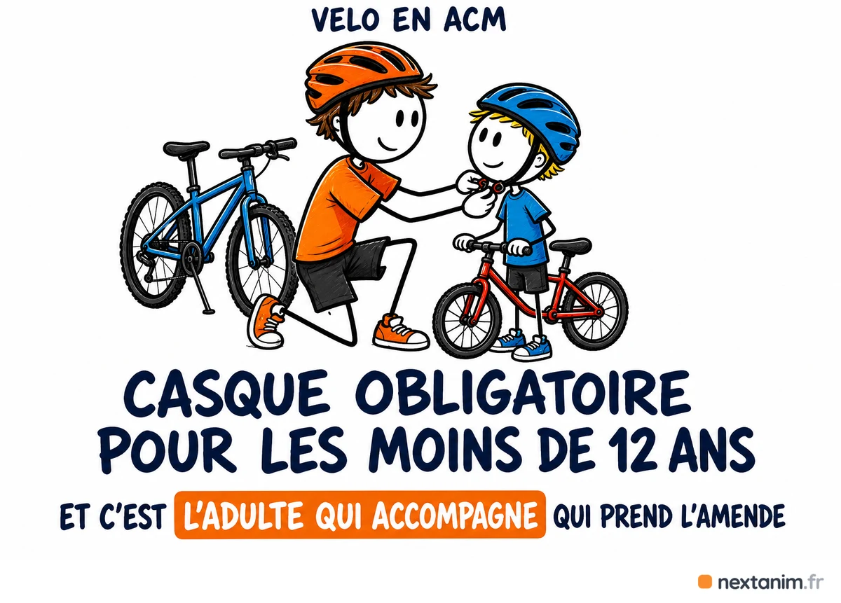 Le casque à vélo est obligatoire pour les moins de douze ans, et l'article R. 431-1-3 du code de la route met cette obligation à la charge de l'adulte qui accompagne : c'est l'animateur qui encourt l'amende
