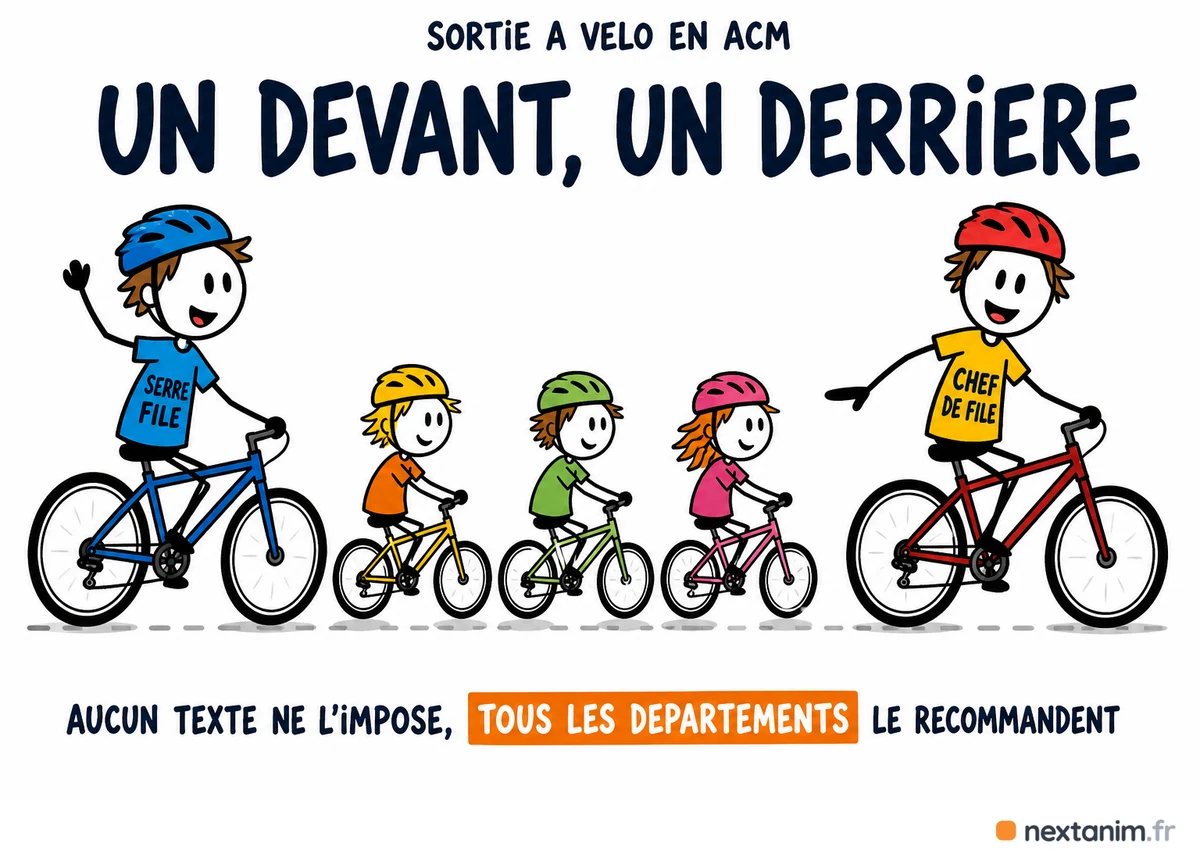 Faut-il être deux animateurs pour une sortie à vélo en accueil collectif de mineurs : un chef de file devant et un serre-file derrière, un dispositif qu'aucun texte n'impose mais que tous les mémentos départementaux recommandent