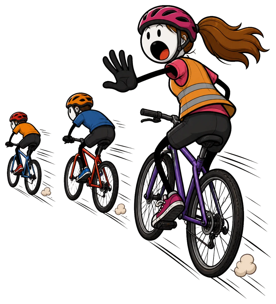 Une animatrice en gilet de haute visibilité ferme la file du groupe à vélo, bras levé pour signaler ce qui arrive de l'arrière