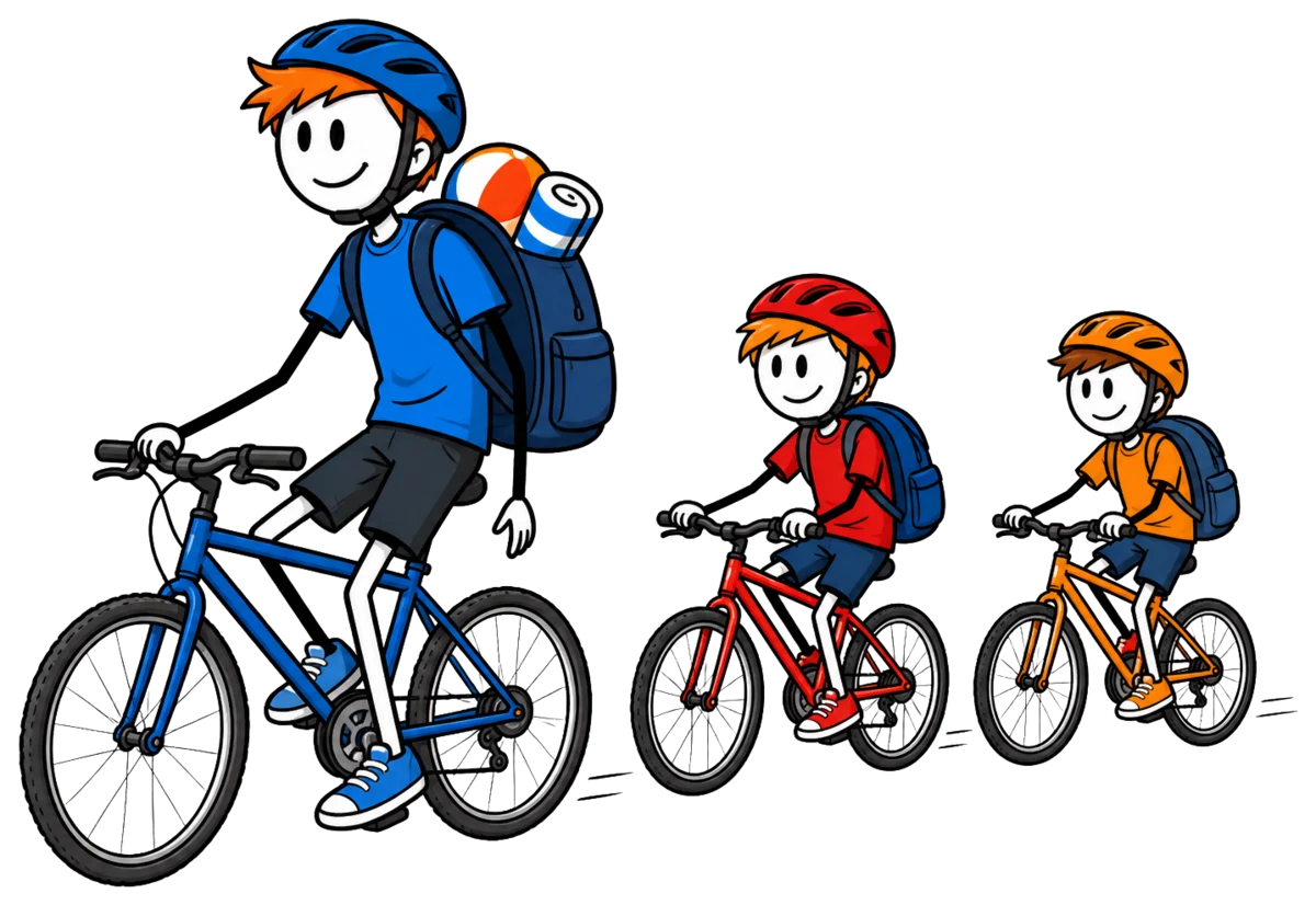 Un animateur et deux jeunes casqués rejoignent tranquillement la piscine à vélo, sacs sur le dos : un déplacement, pas une activité VTT