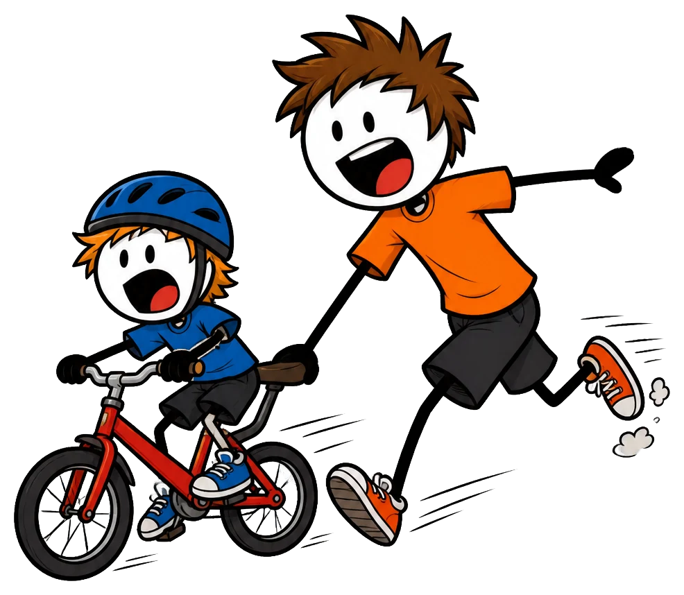 Un animateur court à côté d'un enfant à vélo en tenant sa selle, pour lui apprendre à trouver son équilibre avant la sortie
