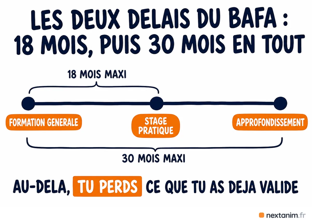 Les deux délais du BAFA : 18 mois au plus entre la fin de la formation générale et le début du stage pratique, et 30 mois au total pour boucler les trois étapes du cursus