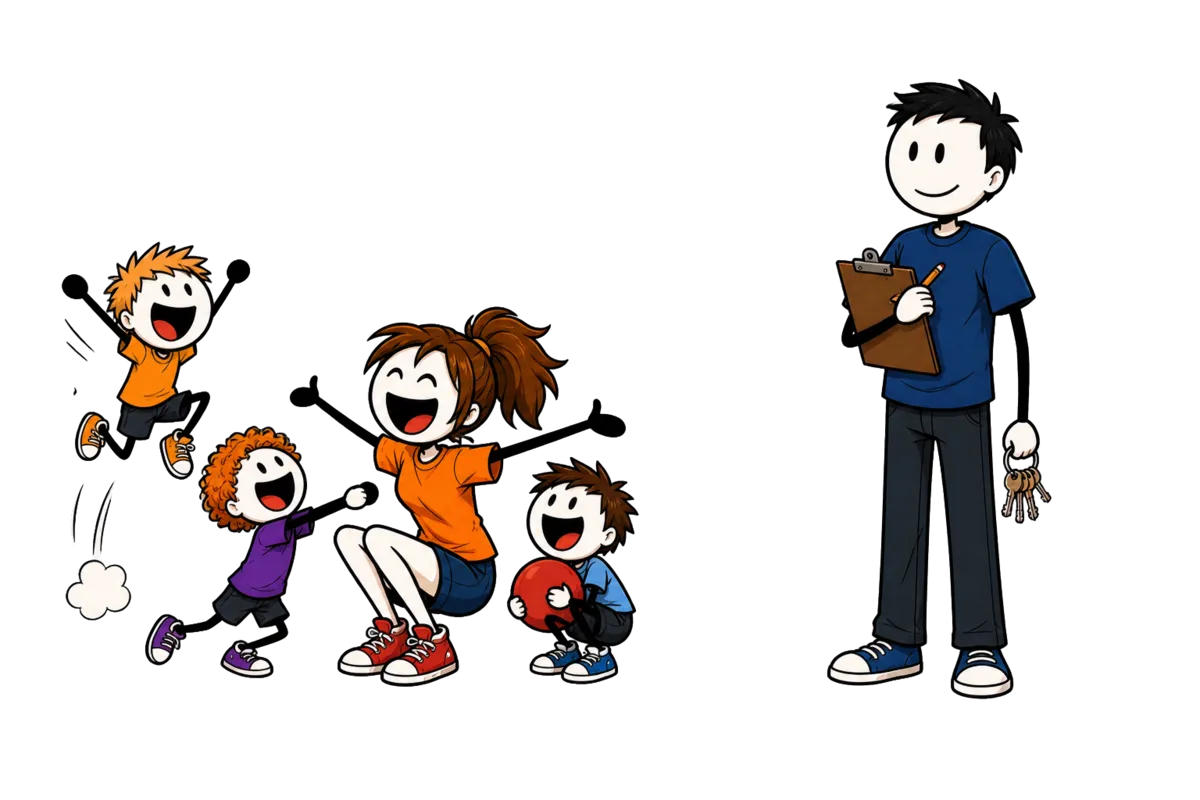 Le BAFA place dans l'équipe d'animation, pas à sa tête : une animatrice accroupie joue au milieu des enfants pendant que le directeur, debout à l'écart, coche son porte-bloc, clés en main