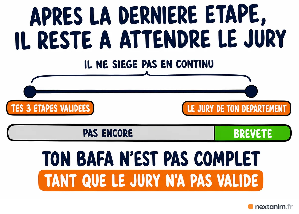 Le BAFA n'est pas complet tant que le jury ne l'a pas validé : après la dernière étape, il reste à attendre que le jury du département siège, puis que le recteur signe