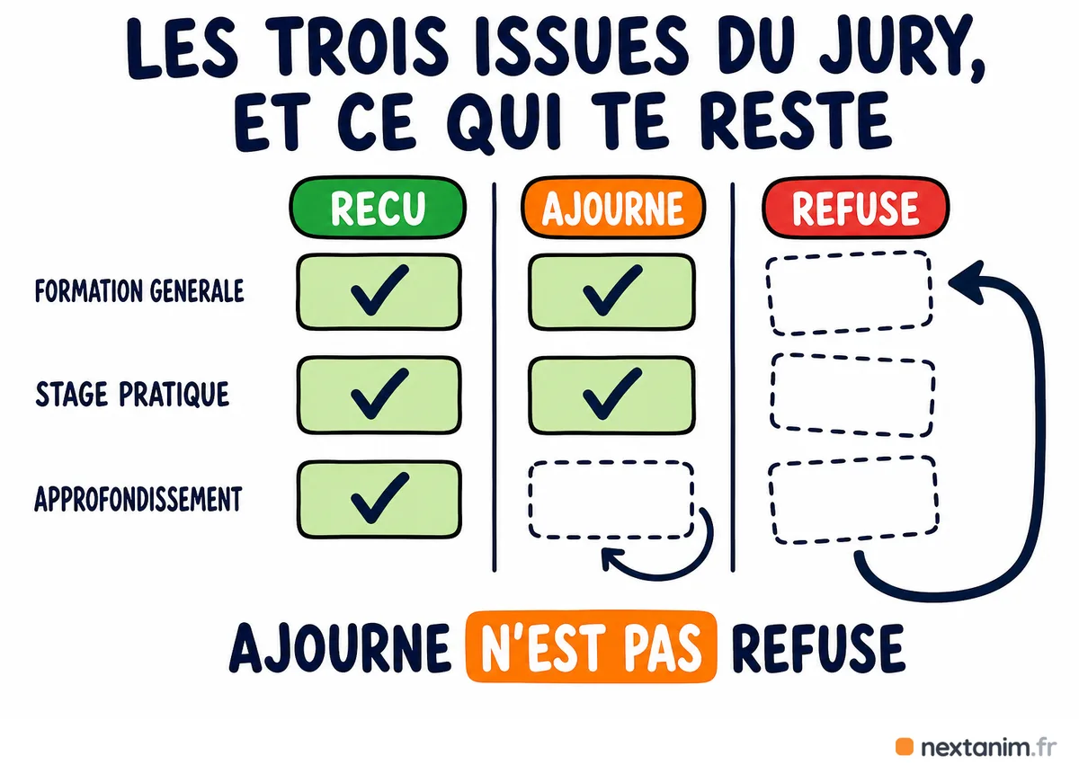 Les trois issues du jury du BAFA et ce qu'il reste du cursus dans chaque cas : reçu, le brevet est délivré ; ajourné, une étape se refait en entier ; refusé, tout le bénéfice de la formation est perdu