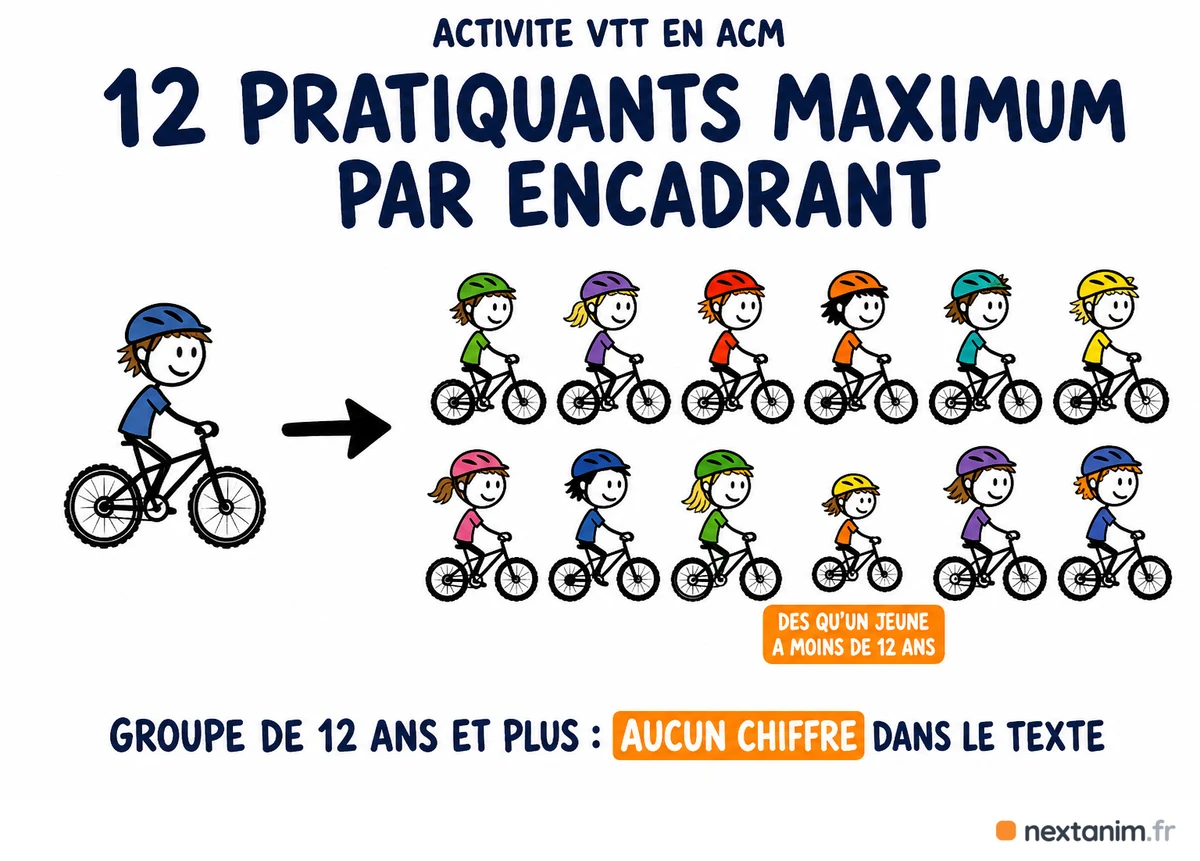 Le taux d'encadrement d'une activité VTT en accueil collectif de mineurs : douze pratiquants au maximum par encadrant dès que le groupe compte un mineur de moins de douze ans, et aucun chiffre fixé par le texte pour un groupe de douze ans et plus