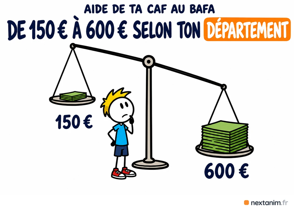 L'aide au BAFA d'une CAF départementale va de 150 à 600 euros selon le département pour la même formation générale : ce complément local s'ajoute aux 200 euros de l'aide nationale, et il change du simple au quadruple d'une caisse à l'autre