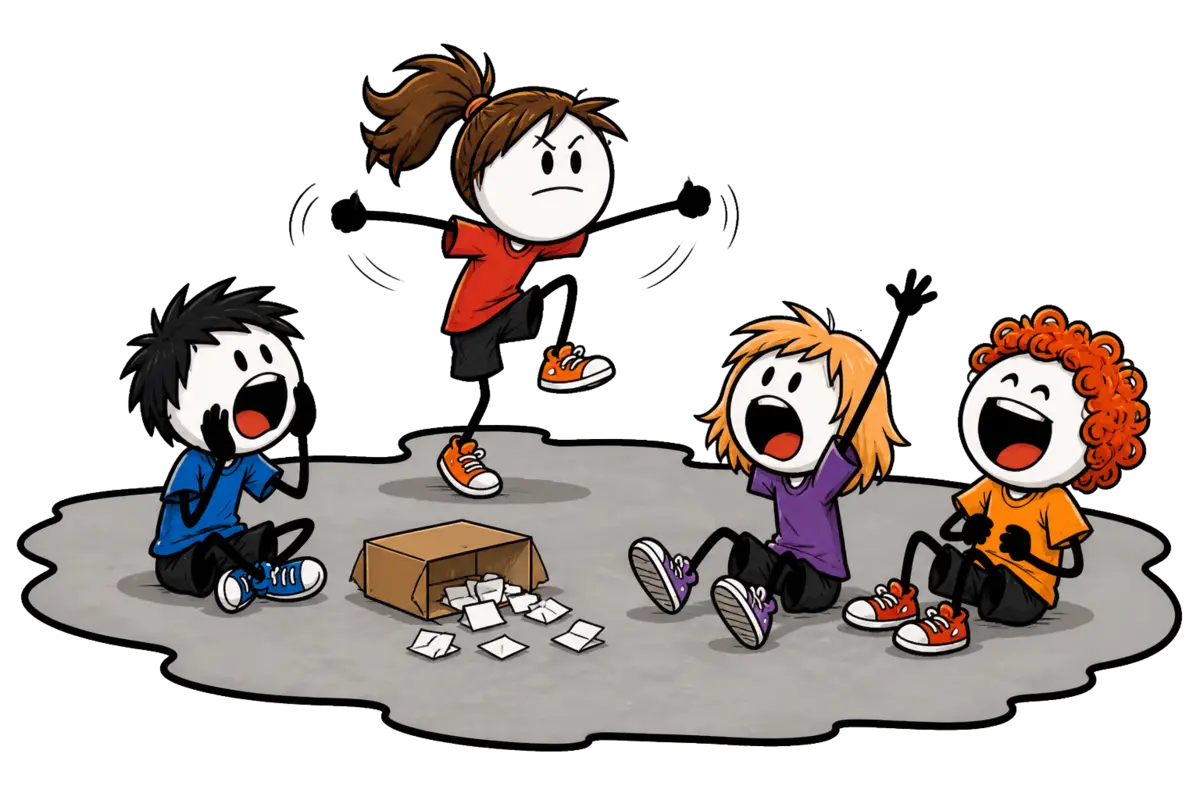 Jeu des mimes : une joueuse mime bouche fermée, bras écartés, devant trois enfants assis qui crient leurs propositions, à côté d’une boîte de petits papiers renversée