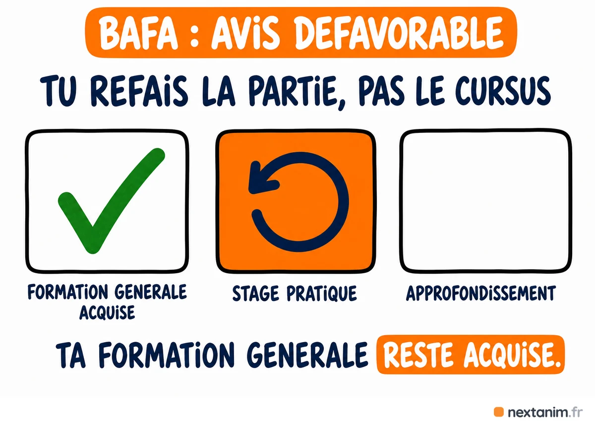 Après un avis défavorable sur son stage pratique BAFA, le candidat recommence tout ou partie de ce seul stage : la formation générale déjà validée reste acquise