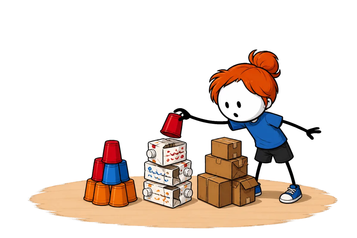 Tour à empiler : les trois matériaux du stand posés sur la table, une pile de gobelets, une pile de briques de lait décorées au feutre et une pile de boîtes en carton.