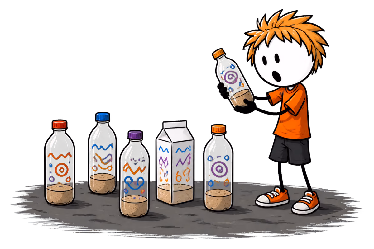 Bowling de récup : cinq quilles faites de bouteilles en plastique lestées d'un fond de sable, une brique de lait rincée parmi elles.