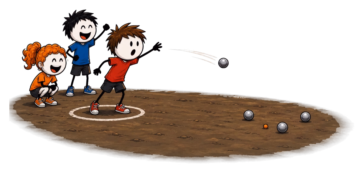 Pétanque : un enfant lance sa boule depuis le cercle tracé au sol, les autres joueurs derrière lui, les boules déjà jouées autour du cochonnet au fond du terrain